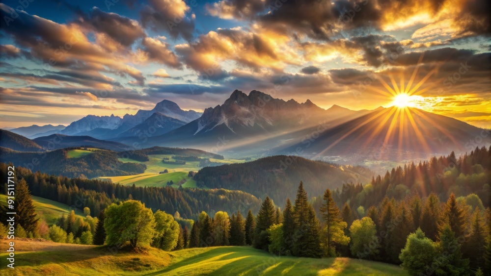 Fototapeta premium Golden Hour Symphony Mountain Landscape with Dramatic Sunset Rays, Alpine Valley, Majestic Peaks, Nature Photography, Scenic View, Forest, Clouds