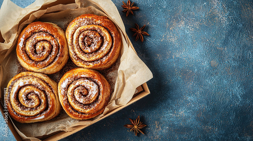 Cinnamon roll or cinnabon in paper box top view Homemade sweet traditional dessert buns with white cream sauce  photo