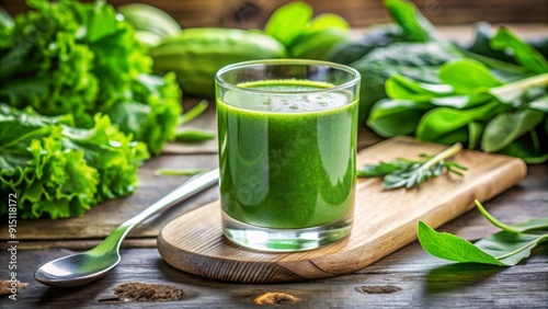 Green Smoothie Recipe with Fresh Ingredients A Healthy Detox Drink with Spinach, Cucumber, and Herbs on Rustic Wooden Background