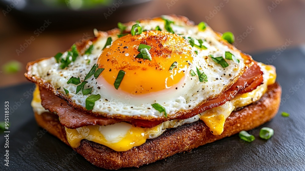 Delicious breakfast sandwich with crispy bacon, sunny side up egg, and melted cheese on toasted bread, garnished with herbs. Delicious breakfast sandwich with crispy bacon, sunny side up egg, and melted cheese on toasted bread, garnished with herbs.