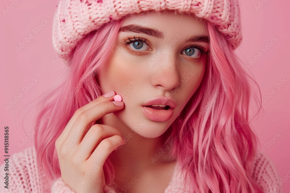 Beautiful woman face with collagen pill, dietary supplements in hands, capsules banner, mineral pills Beautiful woman face with collagen pill, dietary supplements in hands, capsules banner, mineral pills