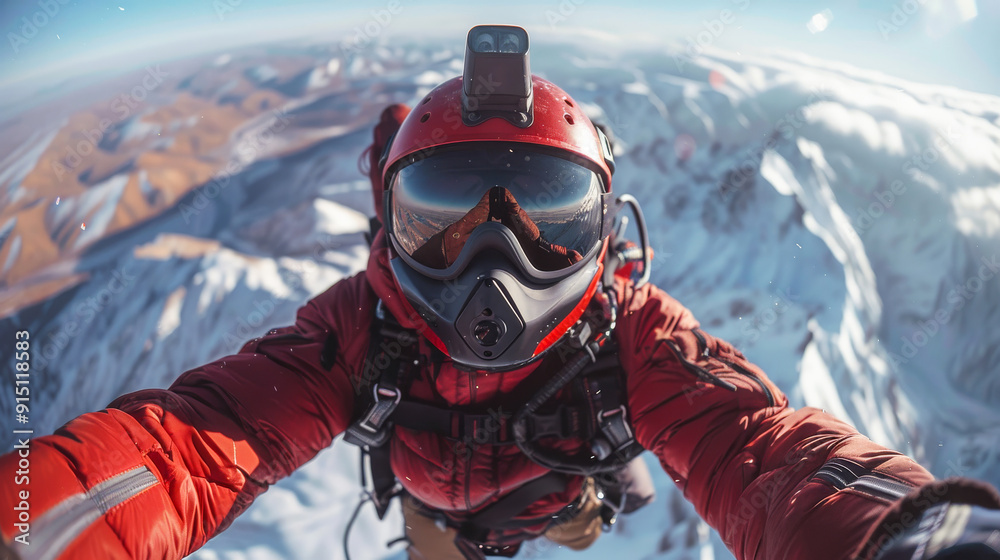 A man in a red jacket and goggles is taking a selfie from the top of a mountain A man in a red jacket and goggles is taking a selfie from the top of a mountain