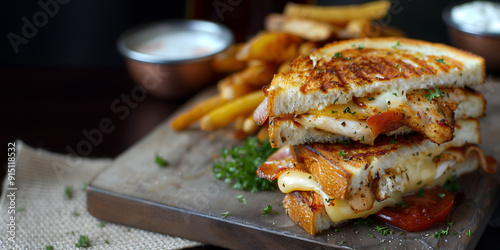 Creative food template. Tall Stack of slice grill toast chicken bread sandwich filled with tomato cheese, sprinkle cilantro on rustic serving board with french fries and mayonnaise. copy text space photo