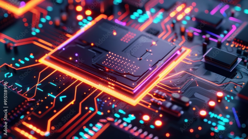 Neon Glowing Motherboard with CPU