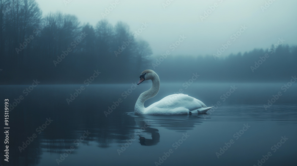 Fototapeta premium Swan on a Misty Lake at Dusk.