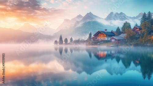 A vibrant morning in summer by the Champferersee lake. Village of Silvaplana in the mist of morning. Europe, Switzerland, the Alps