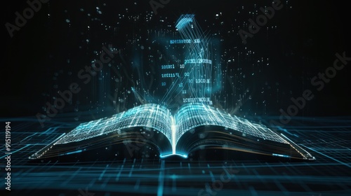 Digital Book with Glowing Lines and Binary Code