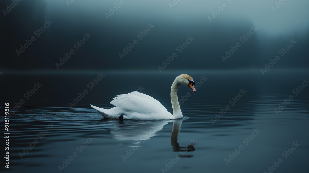 Swan on a Misty Lake at Dusk. Swan on a Misty Lake at Dusk.