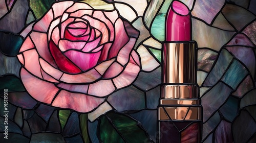 stained glass window with flowers, pink rose and lipstick, rose in glass, stained glass rose, stained glass window, lipstick, cosmetic