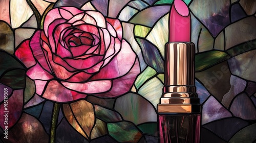 stained glass window with flowers, pink rose and lipstick, rose in glass, stained glass rose, stained glass window, lipstick, cosmetic