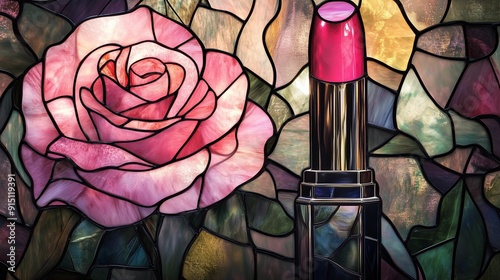 stained glass window with flowers, pink rose and lipstick, rose in glass, stained glass rose, stained glass window, lipstick, cosmetic