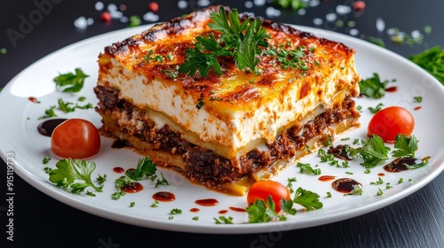 Delicious homemade lasagna layered with meat, cheese, and herbs, garnished with cherry tomatoes and fresh parsley.