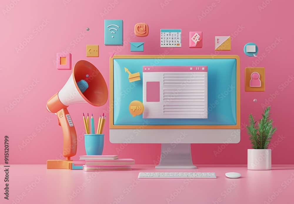 Desktop Computer with Megaphone and Colorful Icons Desktop Computer with Megaphone and Colorful Icons