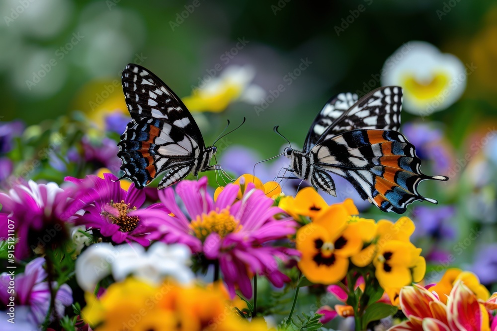 Obraz premium Two striking black and white butterflies rest delicately on a collection of vibrant, colorful flowers, showcasing the contrast and harmony within nature in a zoomed-in perspective.