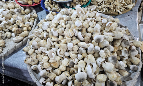 A large heap of fresh straw mushrooms displayed at a local market