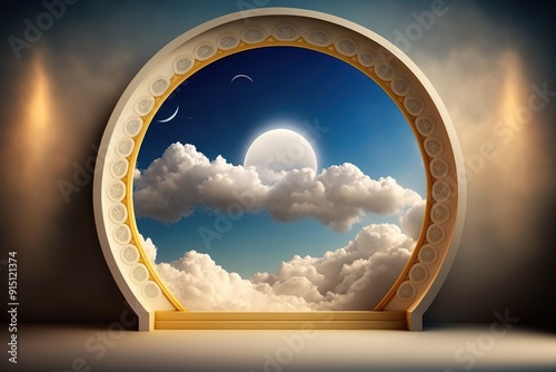 Ornate arched window revealing a bright moonlit sky.