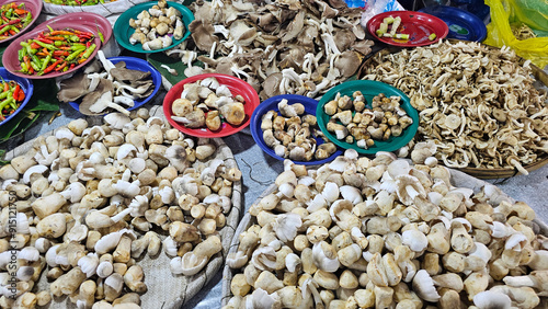 A vibrant market stall showcasing a variety of fresh mushrooms and colorful chilies