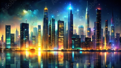 Wallpaper Mural Neon Cityscape Reflection - Digital Art, Night Sky, Skyscrapers, Lights, Water, City, Urban Torontodigital.ca