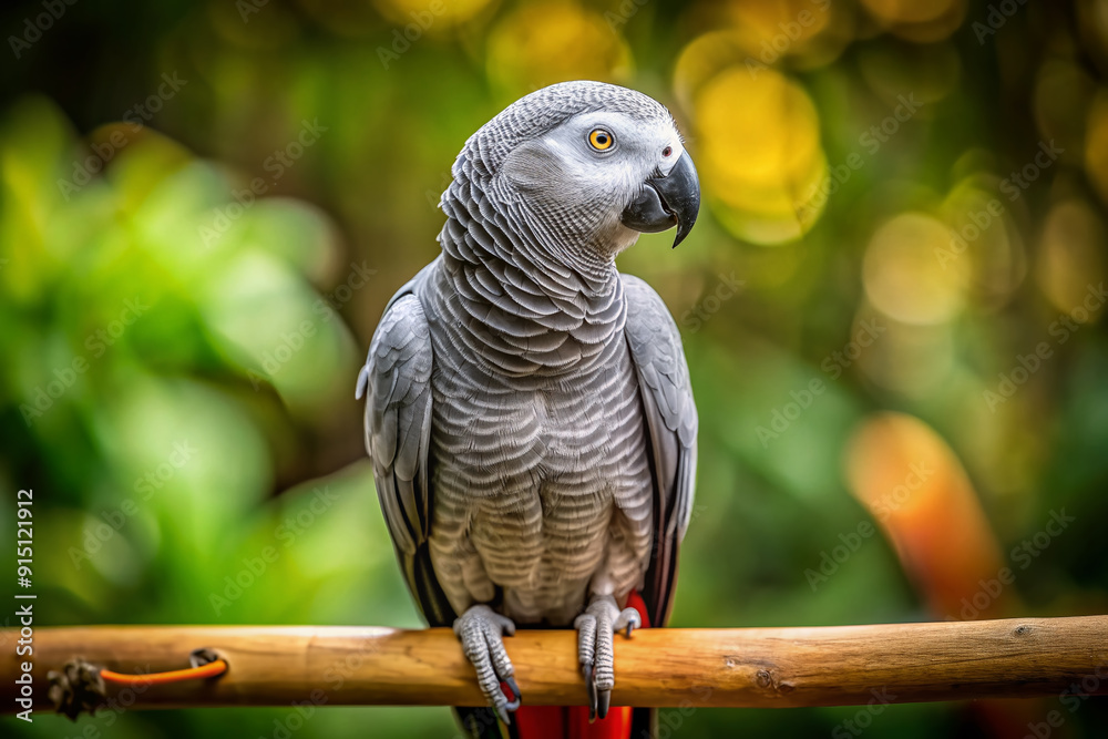 Obraz premium A solemn African Grey Parrot perches on a wooden rod, lost in thought, its piercing eyes gazing into the distance with an air of quiet contemplation.