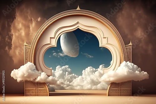Ornate archway framed by clouds leading to a sky with a moon.