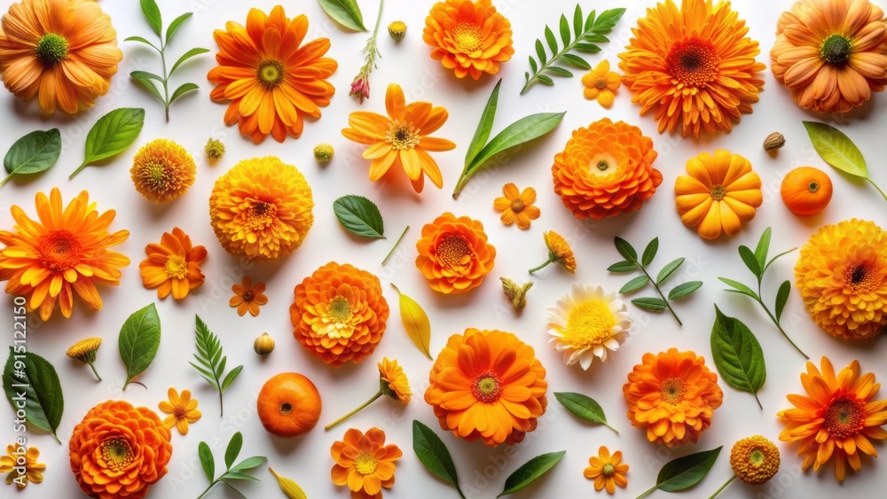 Orange and Yellow Floral Arrangement on White Background Flatlay Composition with Flowers, Leaves and Pumpkins, Autumn Colors, Still Life, Nature, Floral Design, Botanical Orange and Yellow Floral Arrangement on White Background Flatlay Composition with Flowers, Leaves and Pumpkins, Autumn Colors, Still Life, Nature, Floral Design, Botanical