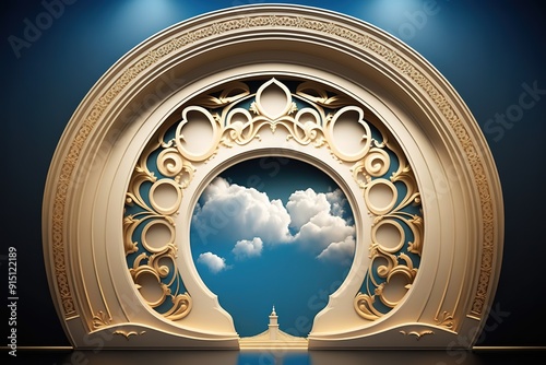 Ornate archway framing a blue sky with clouds.