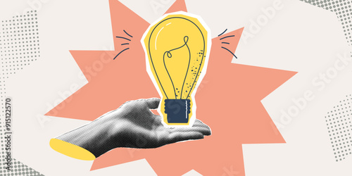 Lightbulb halftone design. Hand and lamp for idea concept. Halftone collage trendy design with hand. Vector illustration
