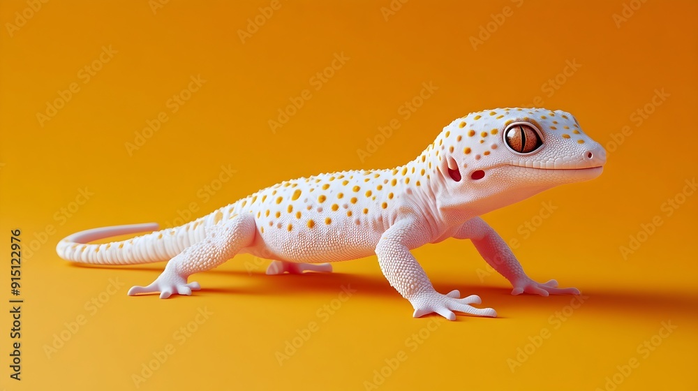 Obraz premium Close up view of a white spotted Leopard Gecko on a vibrant orange studio background