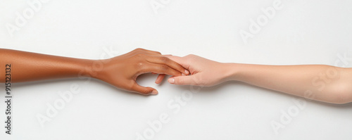 Two hands of different skin tones reaching out, symbolizing unity, diversity, and connection between cultures and people. photo