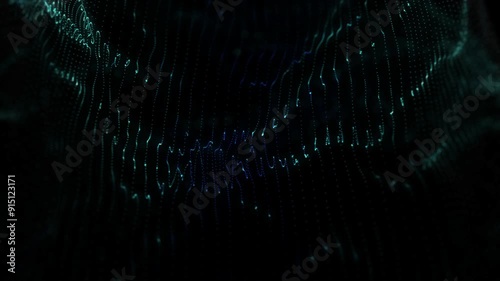 Glow motion particles form oscillating blue dot as swinging garland on black background or abstract wave form background of particles with depth of field and bokeh