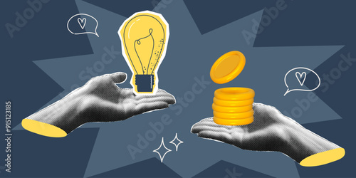 Lightbulb halftone design. Hand and lamp for idea concept. Halftone collage trendy design with hand. Vector illustration