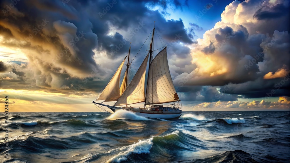 Fototapeta premium Sailing Through Stormy Seas A Dramatic Composition of a Sailboat Cutting Through Waves Under a Dramatic Sky - digital art, sailing, ocean, storm, waves, clouds, dramatic