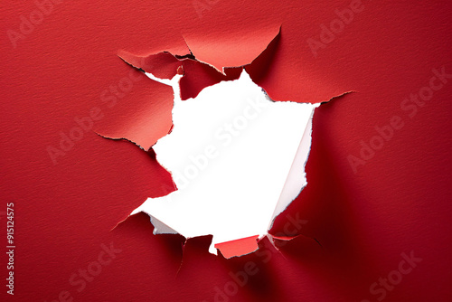 ripped transparent hole in red paper, torn hole