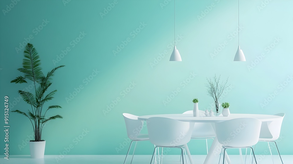 Obraz premium Minimalist Turquoise Dining Room with Modern White Furniture and Lighting