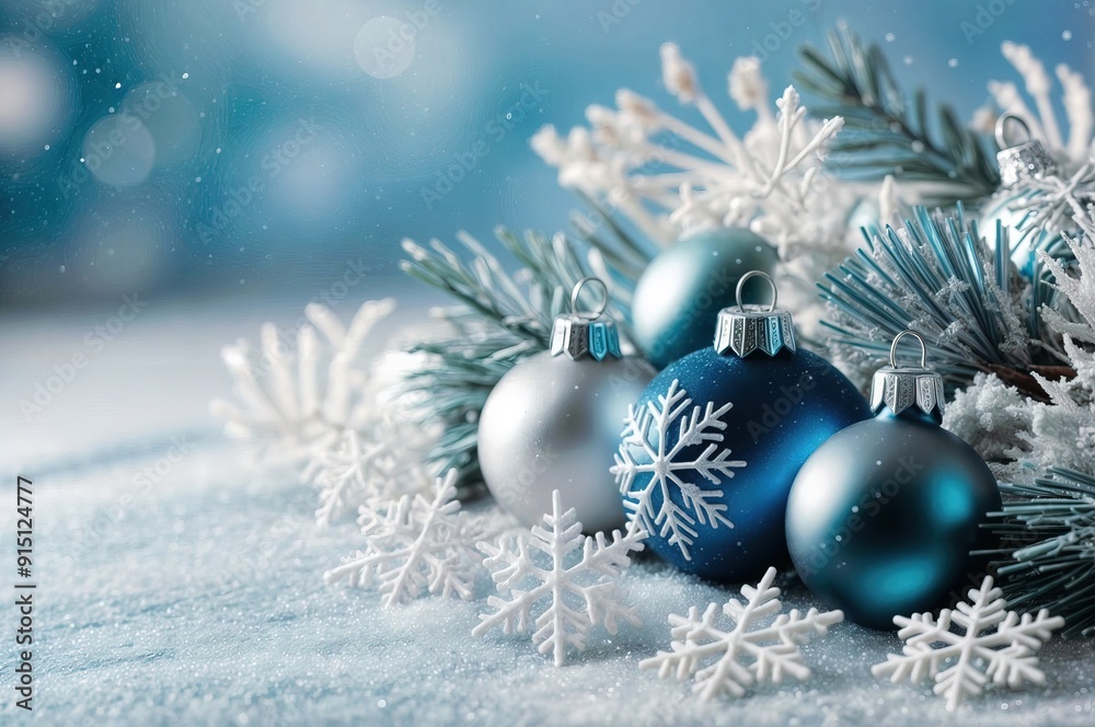 Greeting card, winter-themed image featuring silver and blue Christmas ornaments alongside white snowflakes, all set against a soft blue background