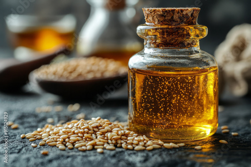 Sesame seeds near a bottle of sesame oil on a dark aesthetic background,