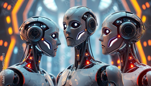 robots with glowing eyes and glowing eyes in a futuristic setting. photo