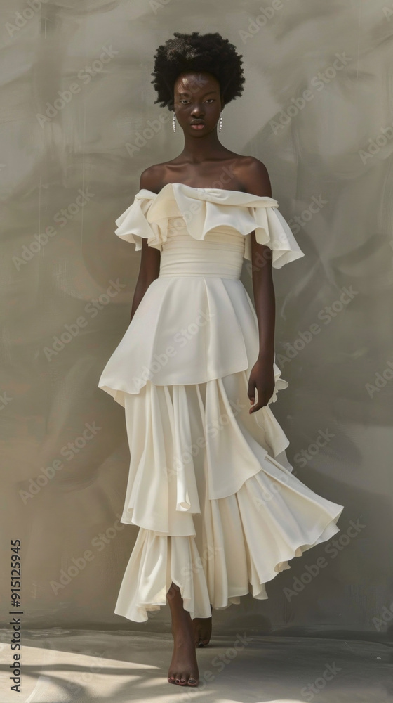 A woman in a white dress is walking down a runway A woman in a white dress is walking down a runway