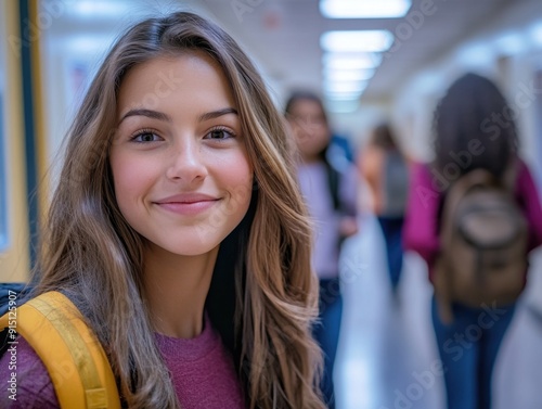 A young girl stands in a hallway with her backpack, ready for an adventure