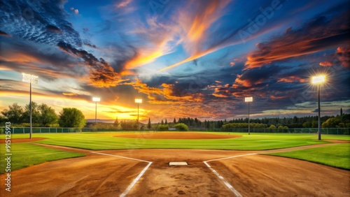Sunset Over the Baseball Diamond - A Wide-Angle View of a Baseball Field Under a Dramatic Sky with Orange and Blue Clouds, Digital Painting, Baseball, Field, Sunset, Sports, Game