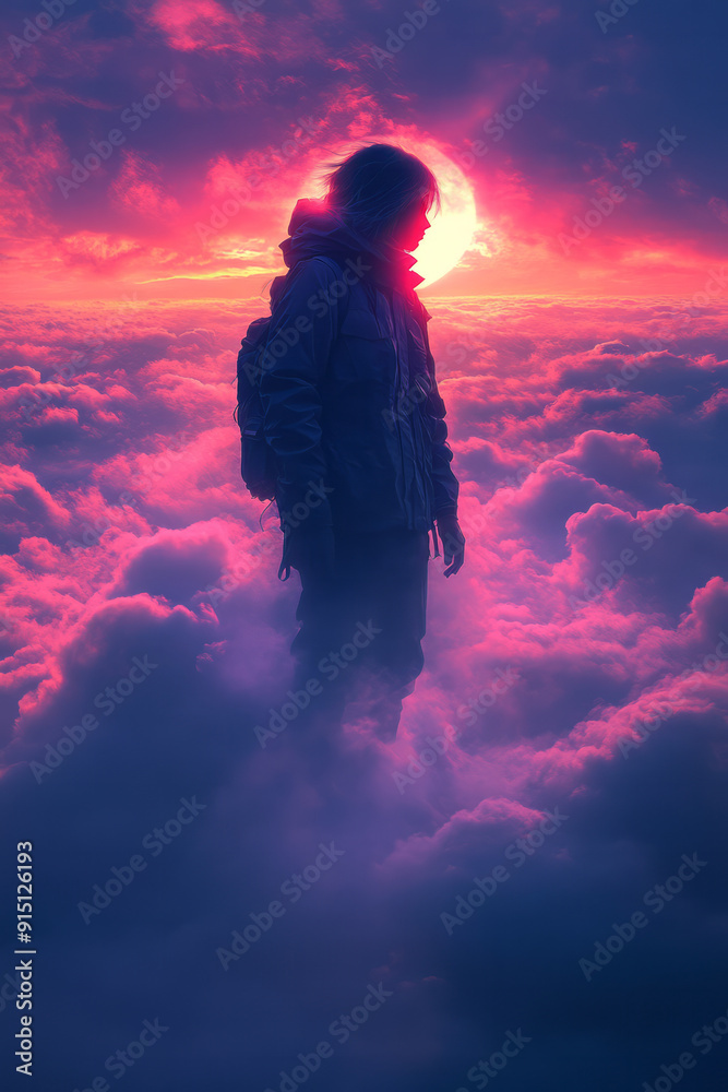 A minimalist illustration of a serene figure floating above a sea of soft, billowing clouds, A minimalist illustration of a serene figure floating above a sea of soft, billowing clouds,