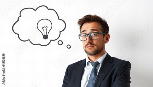  man in suit and tie with thought bubble above his head.