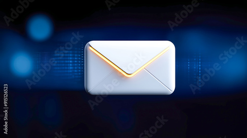A sleek white email icon with an orange glow, set against a futuristic digital background, symbolizing online communication and modern technology.