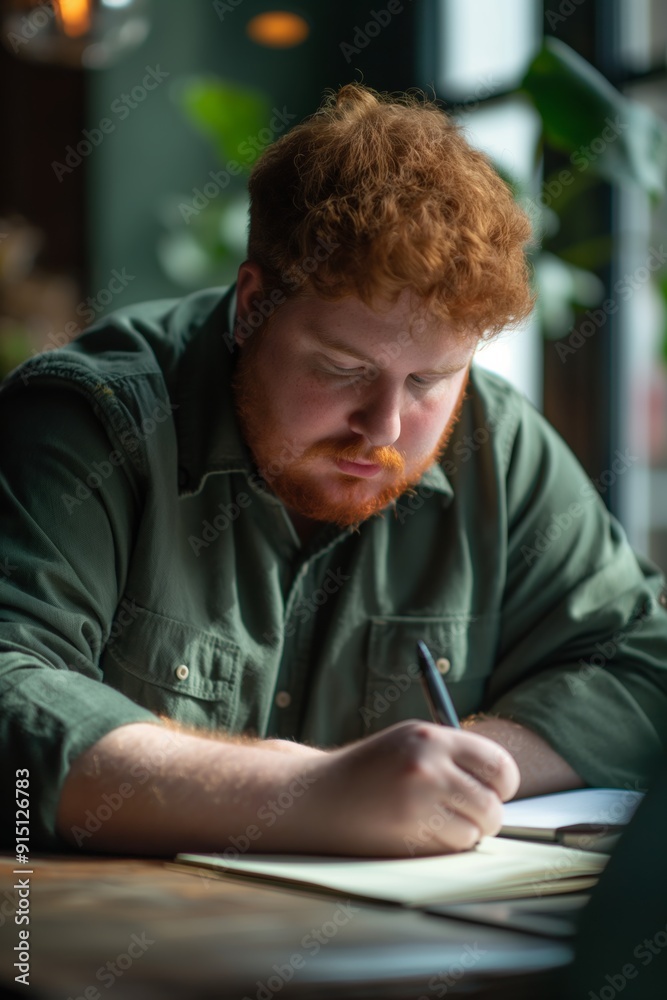 A man with red hair is writing in a notebook. He is focused on his writing and he is in a serious mood A man with red hair is writing in a notebook. He is focused on his writing and he is in a serious mood