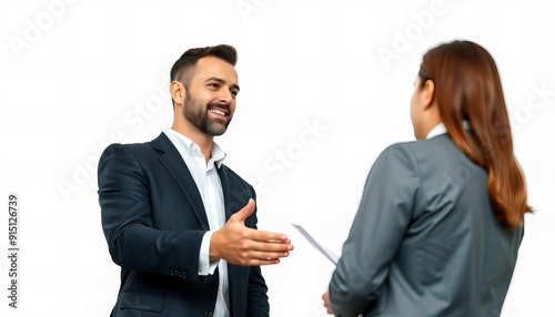 smiling man in a suit talking to a woman in a business suit.