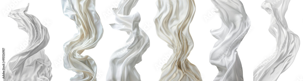 Set of white fabric cloth waving isolated on background, abstract flying soft and smooth silk curtain. Set of white fabric cloth waving isolated on background, abstract flying soft and smooth silk curtain.