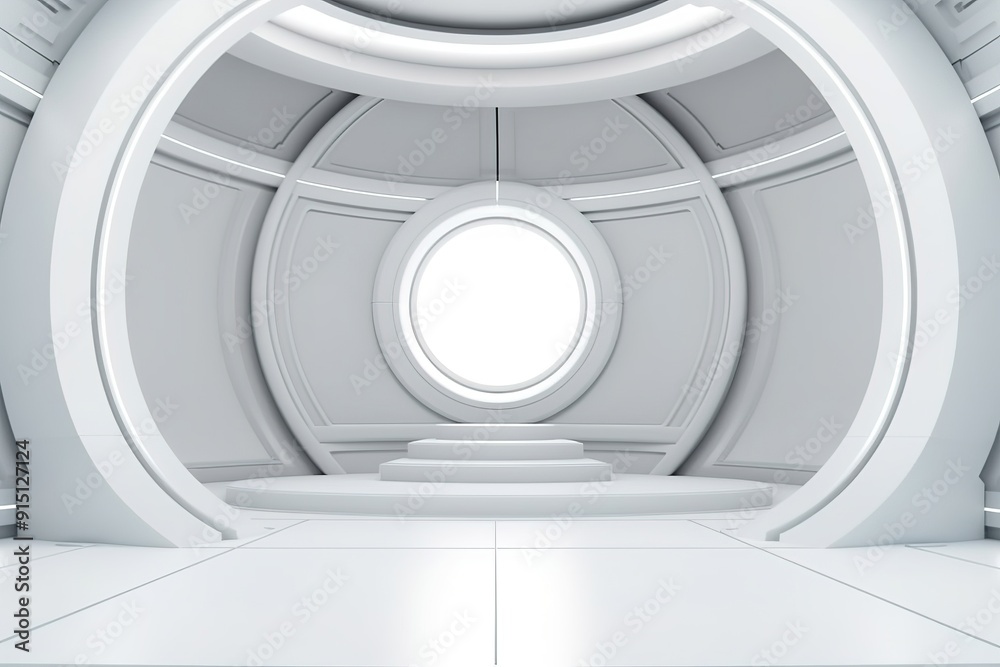 White futuristic interior with circular window and podium. White futuristic interior with circular window and podium.