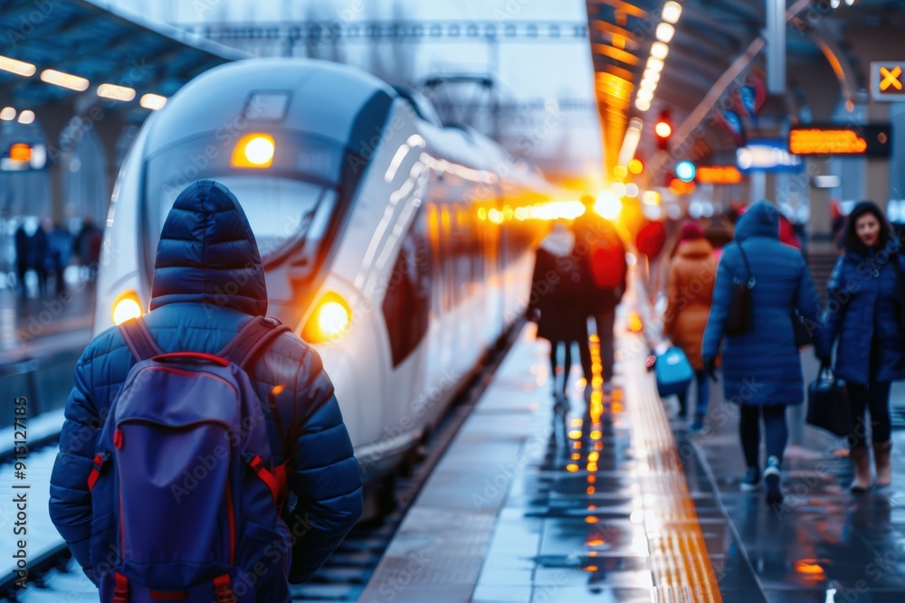 Obraz premium Urban commuters navigate a modern train station during twilight, emphasizing the everyday motions of city life and the rhythmic pulse of transportation in contemporary society.
