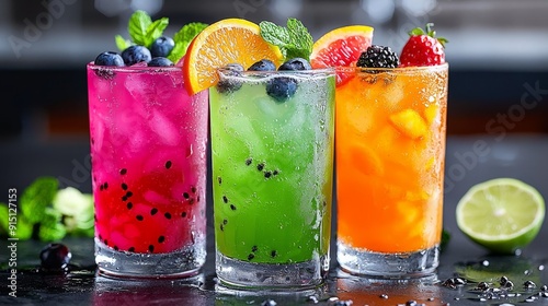 Vibrant colorful drinks with fruit garnishes and ice, perfect for summer refreshment or cocktail inspiration. photo