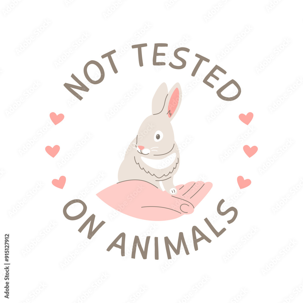 Fototapeta premium Cruelty free doodle hand drawn icon. Not tested on animals logo sticker for animal friendly product packaging. Cute cartoon rabbit on hand with text. Vegan eco cosmetics. Simple colorful round badge
